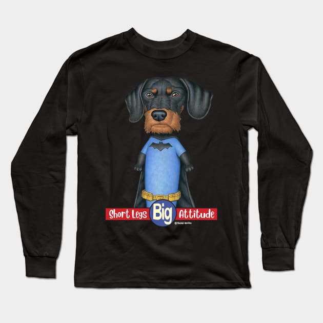 Awesome Doxie Dog on Black Dachshund Super Hero tee Long Sleeve T-Shirt by Danny Gordon Art